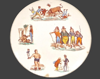 Antique Luneville Keller Guerin Faience Plate: French Polichinelle Caricatures