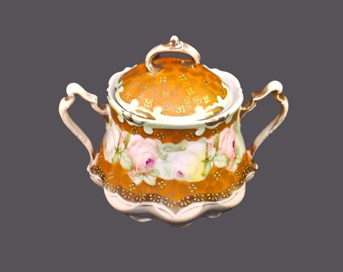 Antique Reinhold Schlegelmilch under Royal Vienna banner covered sugar bowl. Pink roses, moriage. Flaw (see below).