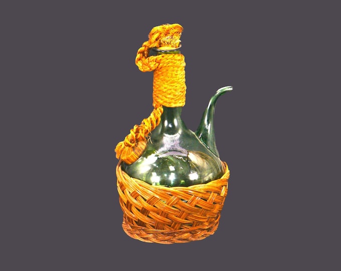 Mid-century Italian fiasco green-glass wine bottle | decanter with ice-cooler bulb, stopper and separate serving basket.