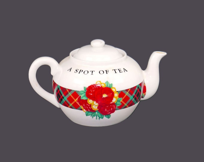A Spot of Tea Christmas teapot. Holly Holderman for Midwest Cannon Falls. Christmas plaid, florals. Made in Japan.