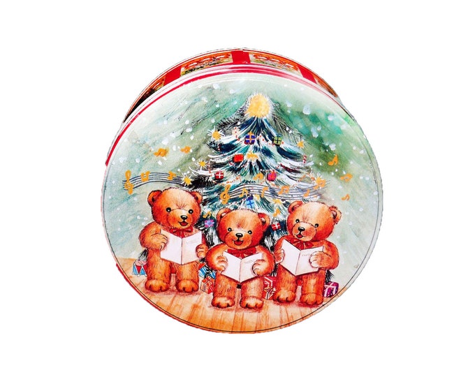 Christmas Teddies round cookie tin. Teddy Bear Choir, Christmas Tree. Great for the Christmas shortbreads.