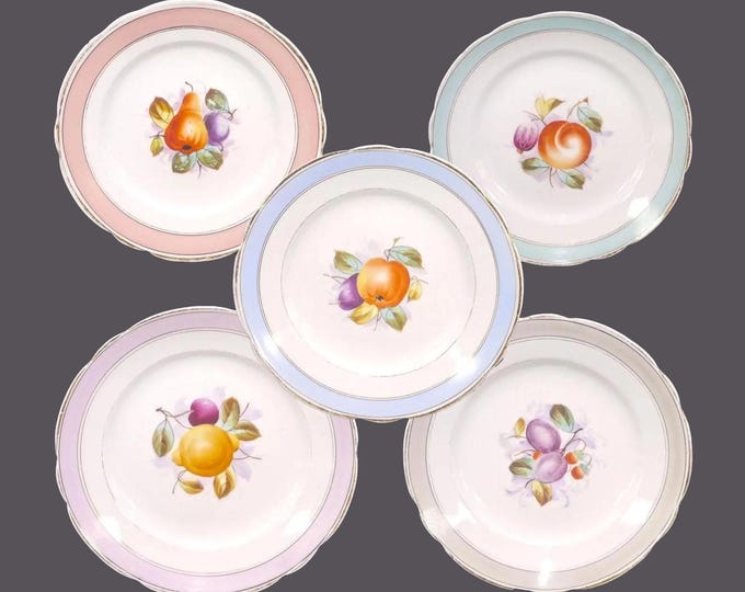 Five antique Aesthetic Movement Konigliche Porzellan Manufaktur KPM230 dessert plates. Colored rims, mixed fruit centers.