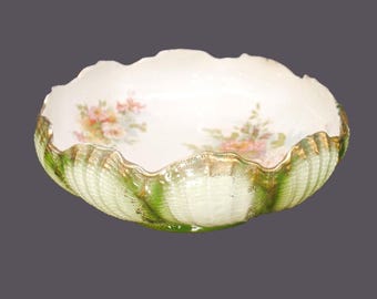 Antique Grimwade Bros serving bowl: Embossed flowers, greens, gold accents