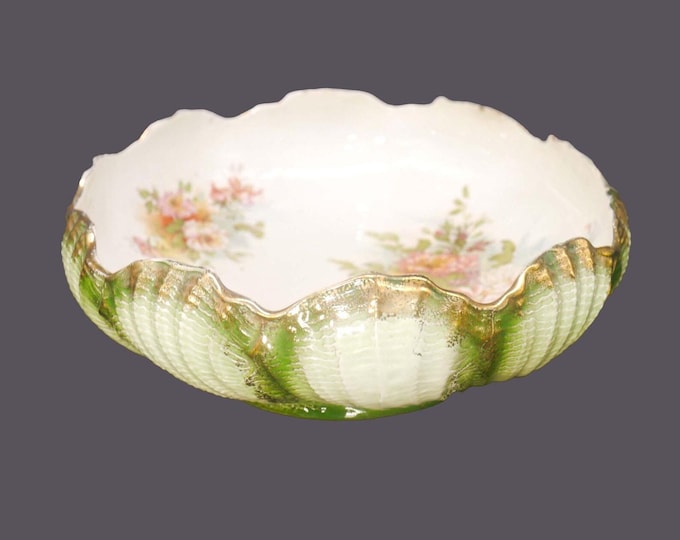 Antique Grimwade Bros serving bowl: Embossed flowers, greens, gold accents