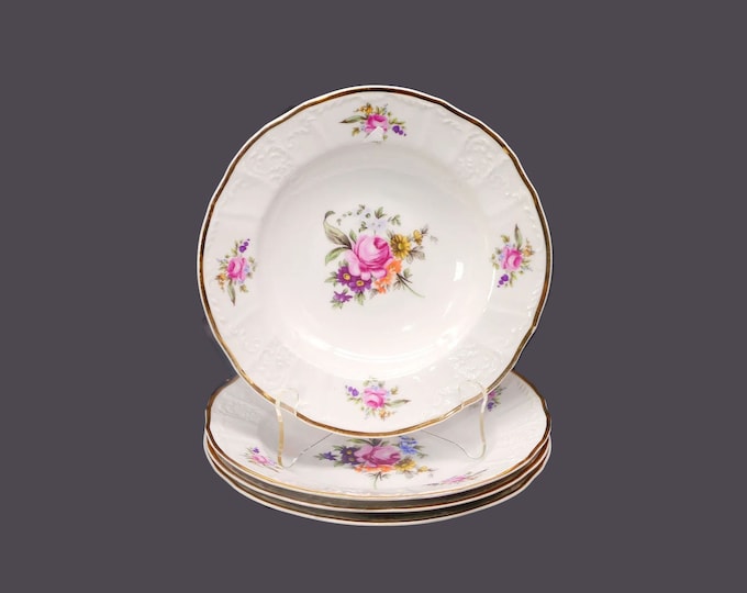 Four Bernadotte Thun Sonata rimmed soup bowls made in Czechoslovakia. Meissen Dresden flowers.