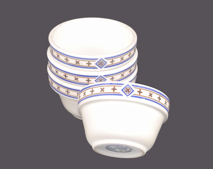 Four Dudson dipping bowls, sauce bowls, dessert bowls. Blue and brown crosses | X's. Duraline Hotelware made in England for Swiss Chalet.