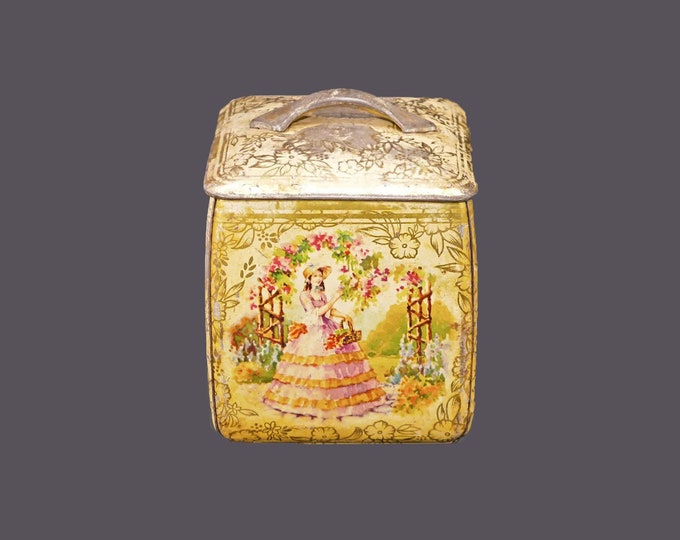 Antique BW&M Ltd. | The Metal Box Company Crinoline Lady decorative metal tin with removable lid.