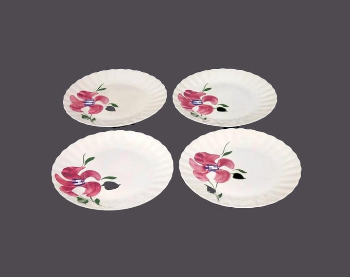 Four Blue Ridge Southern Potteries luncheon plates. Red flower with blue. Made in USA.