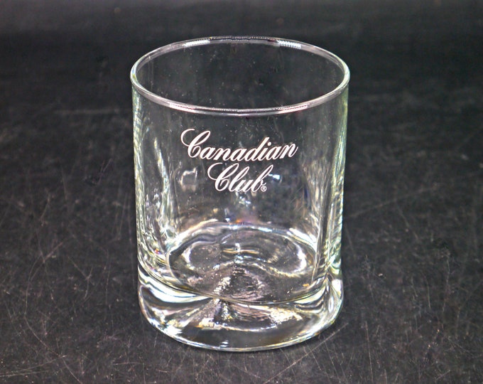 Canadian Club Whisky on the rocks glass. Etched-glass branding.