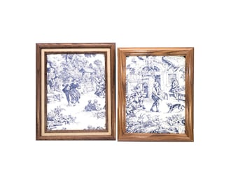 Pair of Blue Toile de Jouy French fabric pictures in wooden frames