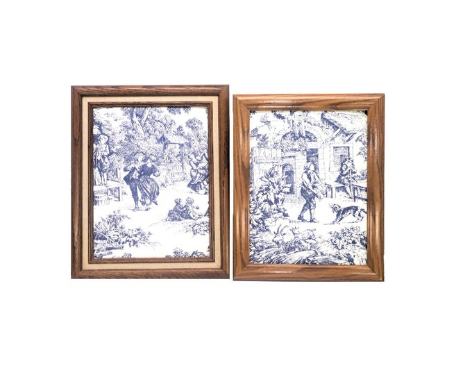 Pair of Blue Toile de Jouy French fabric pictures in wooden frames