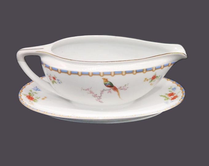 Antique MZ Austria Victoria gravy boat and underplate. Bird of paradise.