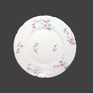 アンティークのアールヌーボー時代のハビランド リモージュ サラダ プレート。ピンクとブルーの花のスプレー、エンボス加工されたドット、スクロール。小さな欠陥あり。