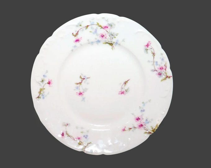 Antique art-nouveau period Haviland Limoges salad plate. Pink and blue floral sprays, embossed dots, scrolls. Minor flaw.