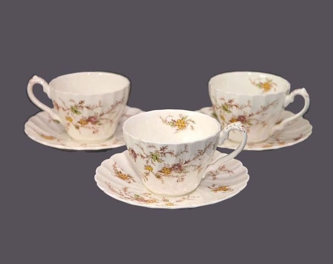 Three Myott Heritage M411PU cup and saucer sets made in England. Orphaned saucers also available.
