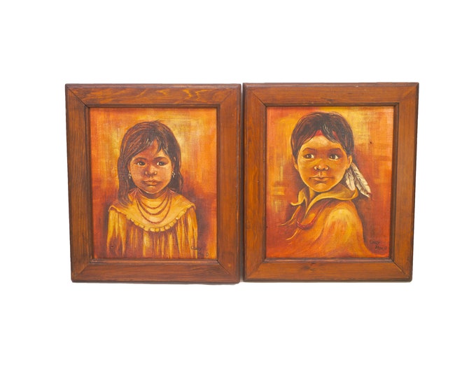 Pair of Native American Children original oil on canvas paintings by Cindy Mac D. Wood frames. Signed bottom right.