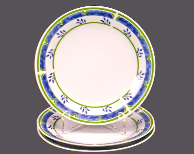 Three Royal Heritage salad plates. Blue leaves, blue green sponged geometric border with triangles.