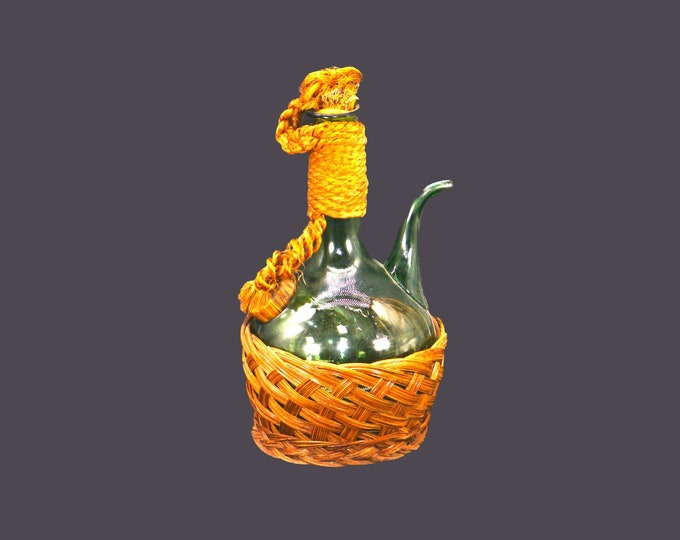 Mid-century Italian fiasco green-glass wine bottle | decanter with ice-cooler bulb and stopper and separate serving basket.