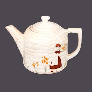 Vintage Porcelier Cobblestone Teapot: Girl & Flowers, Uranium Glaze, USA Made