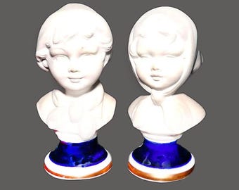 Vintage pair of Capodimonte Porcelain Bisque Busts: Boy and Girl, Italy