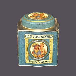 Old Fashioned Hard Candy Fruity Flavors candy tin. Tin made in Hong Kong, Designed by Keller Charles PA USA.