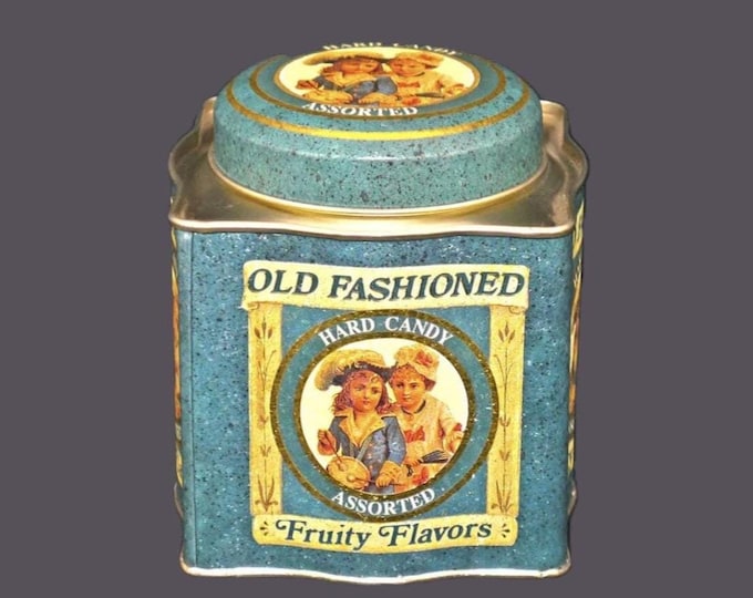 Old Fashioned Hard Candy Fruity Flavors candy tin. Tin made in Hong Kong, Designed by Keller Charles PA USA.