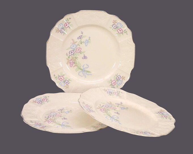 Three Myott Susan square dinner plates. Art-deco era tableware made in England. Flaws (see below)