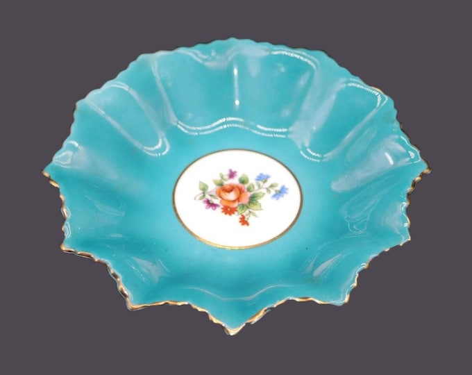 John Aynsley bone china trinket, pin, ring, jewelry dish. Green, central rose, gold edge. Made in England. Flaws (see below).