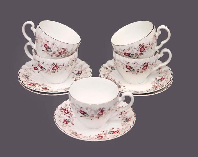 Five Johnson Brothers Manor House cup and saucer sets made in England.