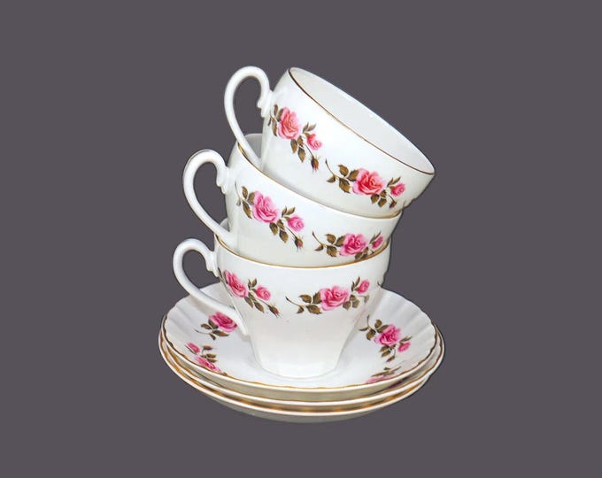 Three Ridgway Romance cup and saucer sets. White Mist ironstone made in England.