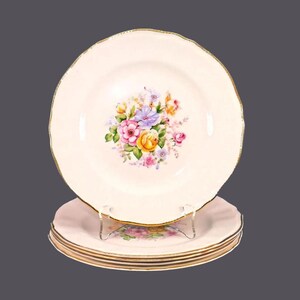 May include: Set of six white ceramic dinner plates with a gold rim and a floral design featuring pink, yellow, and purple flowers.