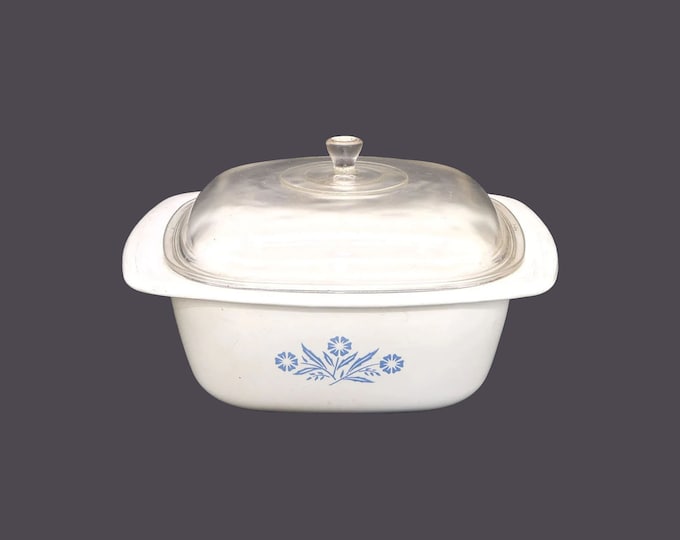 Corning Canada P34-B large 4-quart Blue Cornflower Dutch Oven with original domed glass lid. Made in Canada.