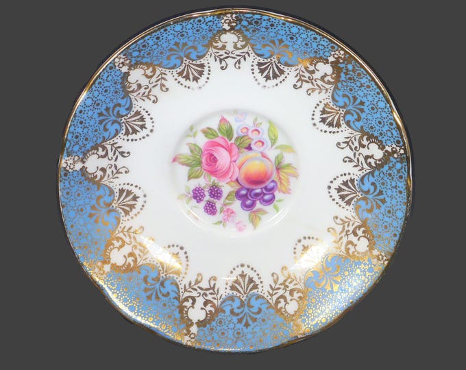 Paragon E68D turquoise orphaned saucer only. Turquoise and gold swags, filigree, fruit and flowers. Made in England.