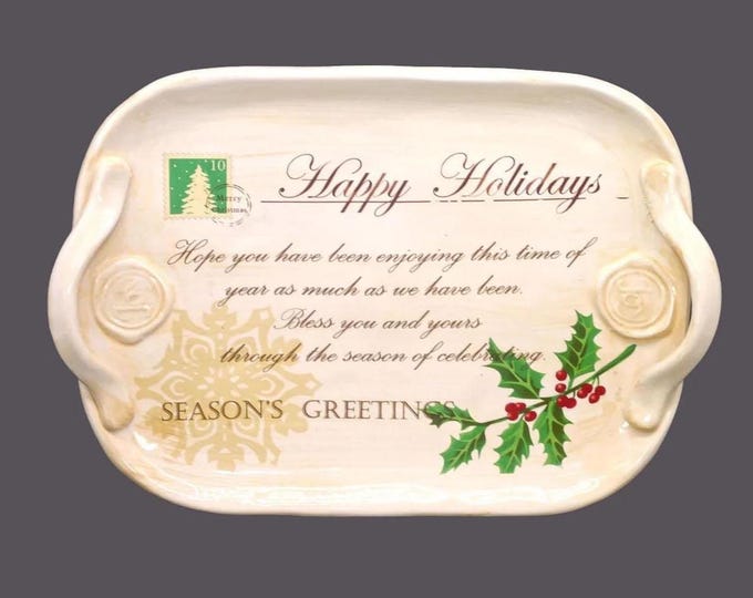 Jay Imports Merry Christmas Ho Ho Ho holiday postcard large, handled turkey platter. Christmas Greeting, holly berries.
