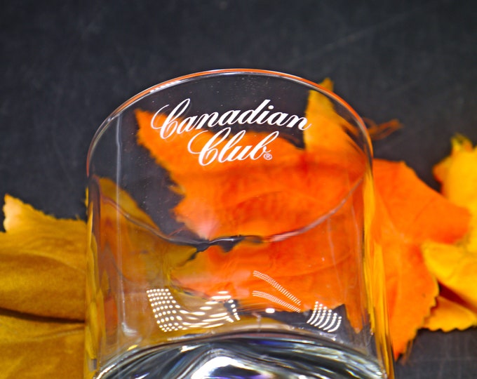 Vintage Canadian Club Whisky on the rocks glass. Etched-glass branding.