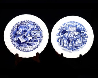 Pair of Myott Meakin blue-and-white decorative | cabinet | wall plates made in England.