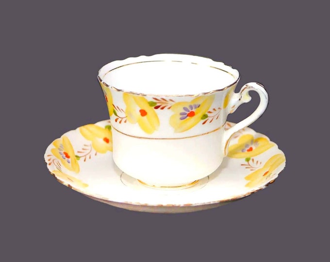 Art-deco era Phoenix China 6807 hand-painted cup and saucer set made in England. Buttercups, brown leaves. Flaws (see below).