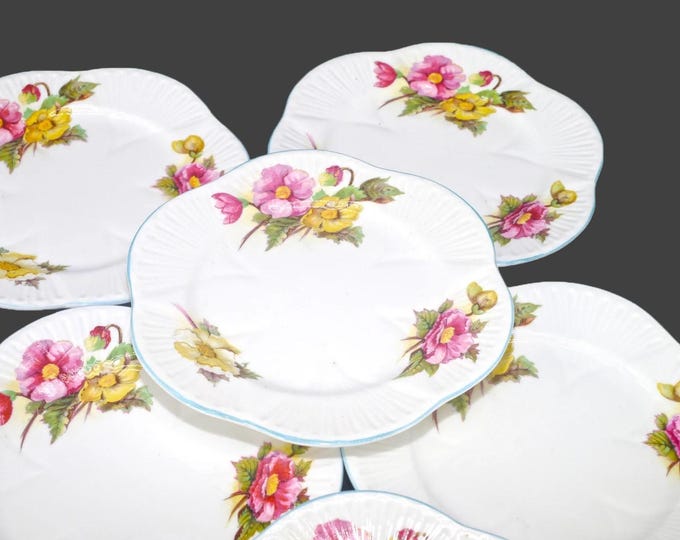 Six Shelley Begonia bone china bread, dessert plates in the dainty shape made in England.