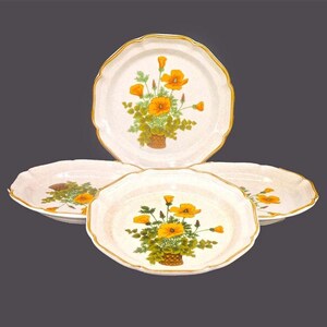 Four Mikasa Petunias EC401 large, stoneware dinner plates. Garden Club stoneware made in Japan.