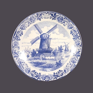 Vintage Delfts Blauw Chemkefa blue-and-white display plate. Classic windmills, sailboats. image 1