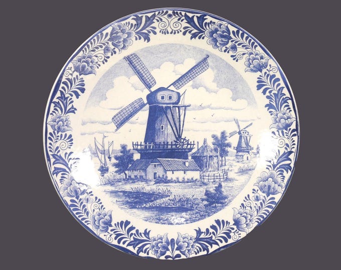 Vintage Delfts Blauw Chemkefa blue-and-white display plate. Classic windmills, sailboats.