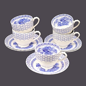 Five Empire Porcelain Beverley Blue blue-and-white cup and saucer sets made in England.