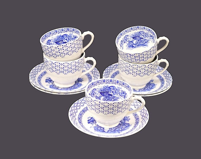 Five Empire Porcelain Beverley Blue blue-and-white cup and saucer sets made in England.