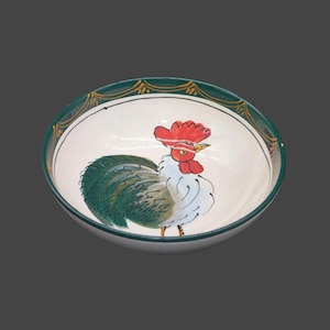 Tablearts by Debra Cherniawsky Rooster salad, pasta round serving bowl. Hand-painted. Flaws (see below).
