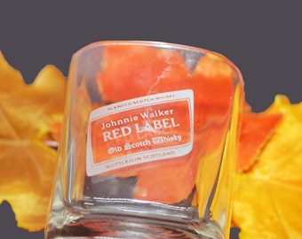 Johnnie Walker Red Label lo-ball | scotch whisky | on-the-rocks | old fashioned glass. Etched-glass branding.