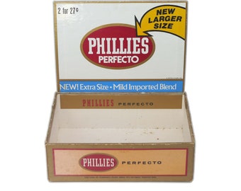 Vintage Phillies Perfecto empty cigar box. Box printed in USA by Bayuk Cigars, Fort Lauderdale.