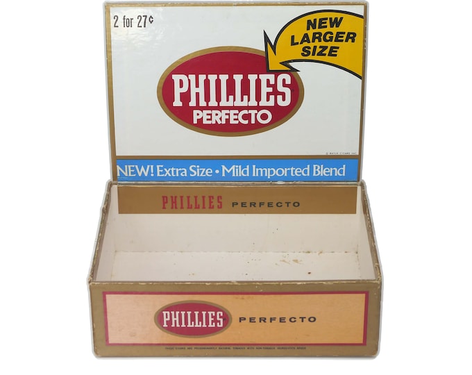 Phillies Perfecto empty cigar box. Box printed in USA by Bayuk Cigars, Fort Lauderdale.