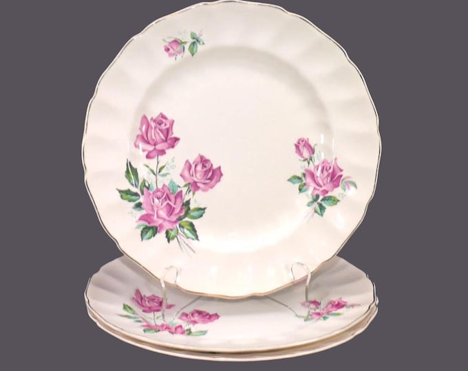 Three Johnson Brothers JB451 dinner plates. Pink roses. Old Chelsea Ironstone made in England.