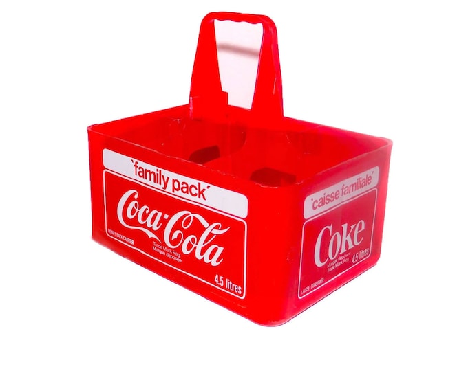 Coca-Cola family-pack money-back bottle 4.5L carrier. Holds six cans | bottles. English French wording. Great for home bar area.