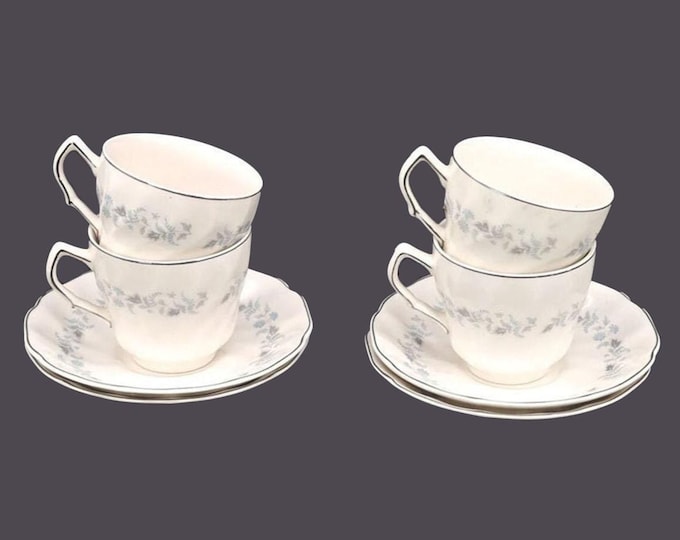 Four Johnson Brothers JB1122 cup and saucer sets. Snowhite Regency ironstone made in England.